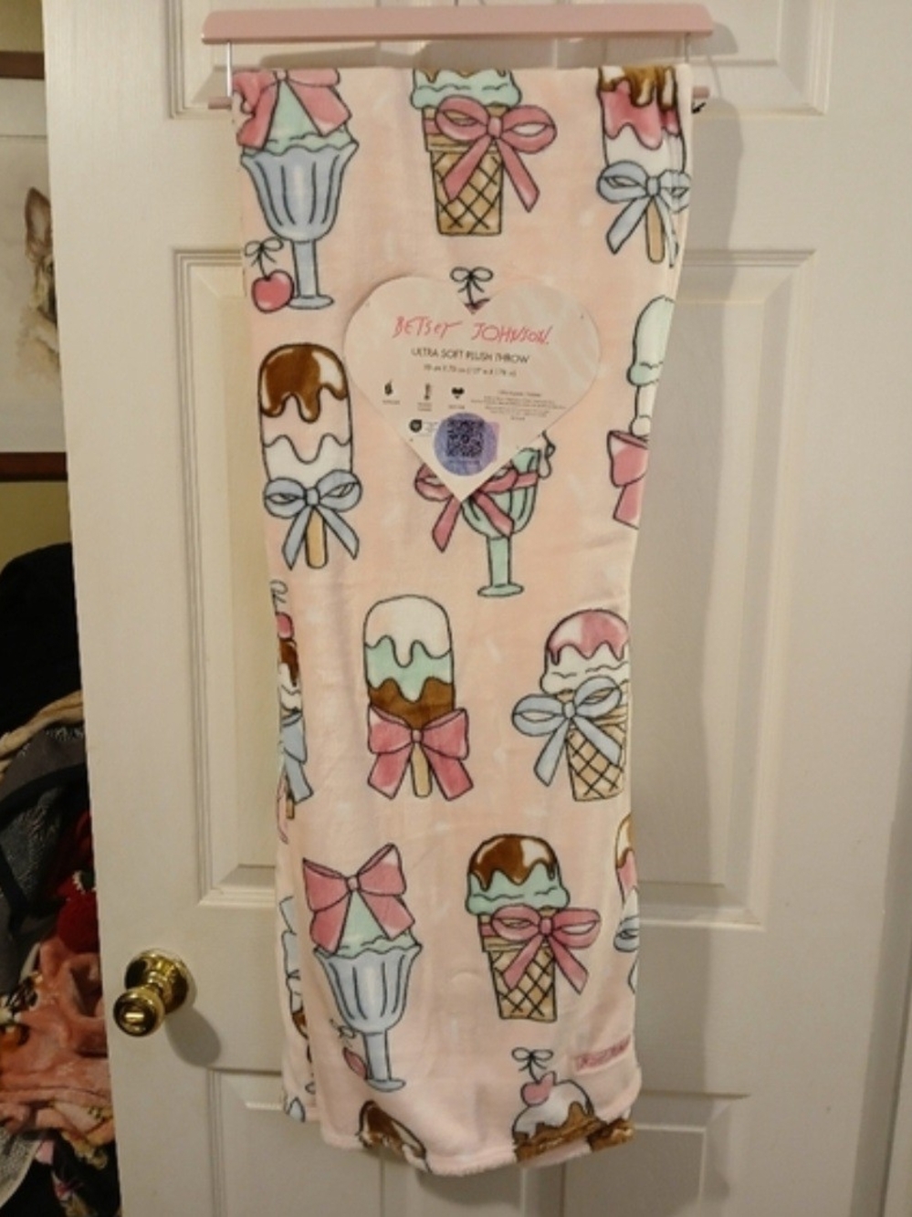 Betsey Johnson Pink Ice Cream Print Plush Throw